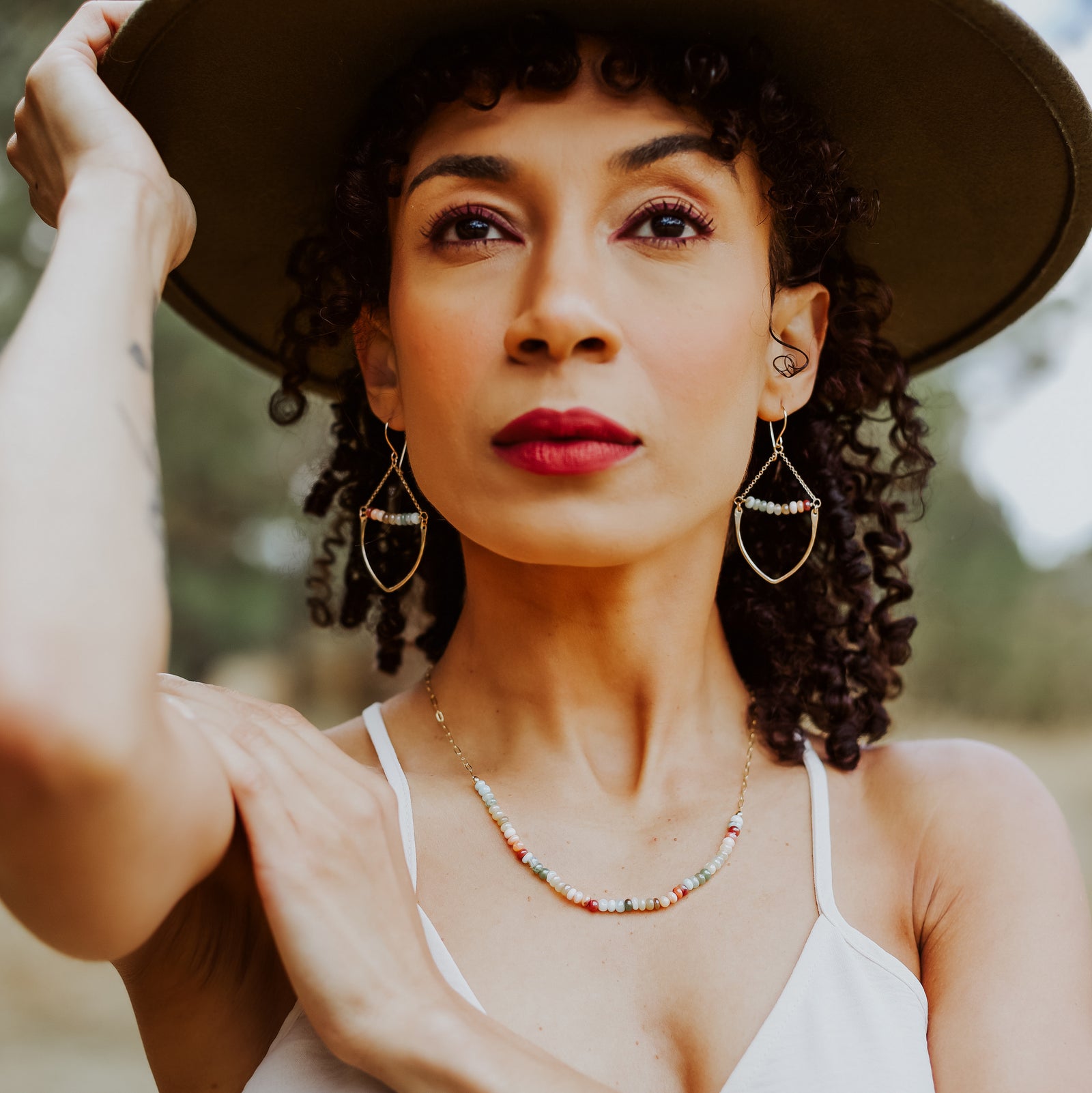 Beaded Chandelier Hoop earrings with neutral rainbow opal gemstones
