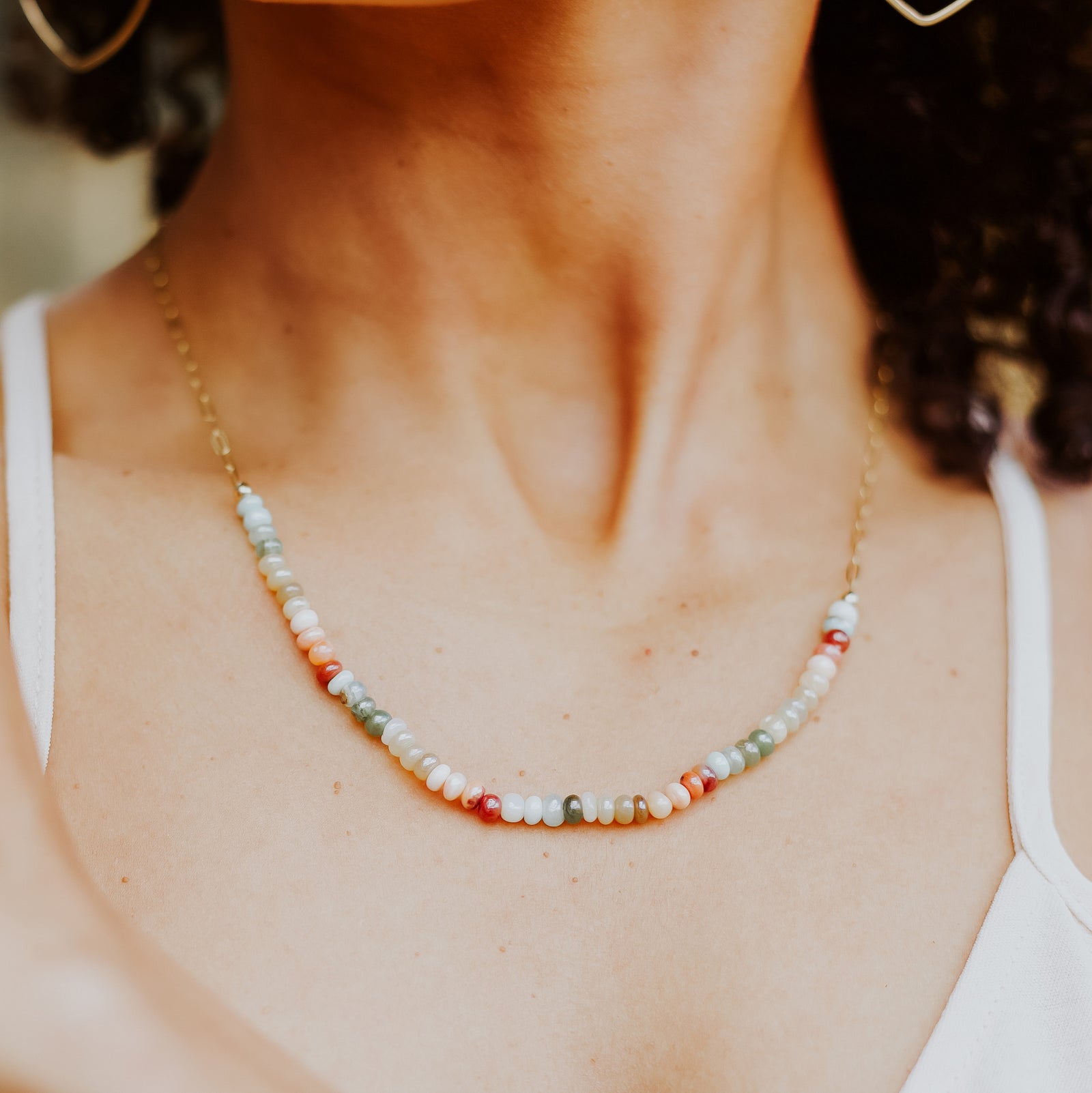 Beaded Opal Necklace worn by model to show size and length reference.  Lifestyle Jewelry Images