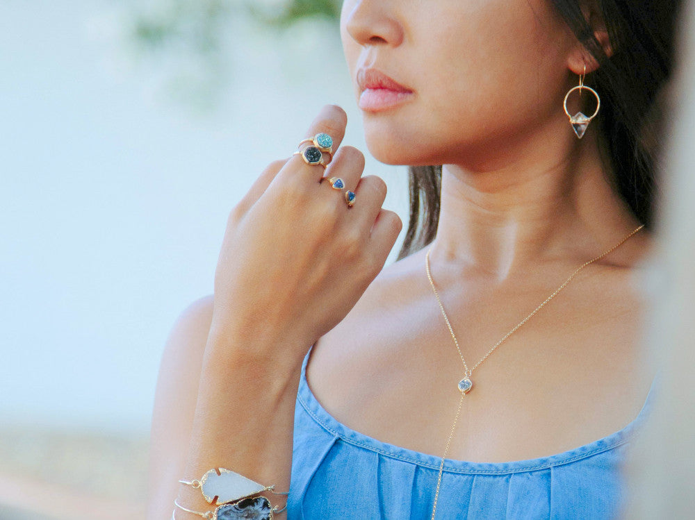 Gold Hoop dangle earrings with arrowhead gems.  Wire Wrapped beaded earrings