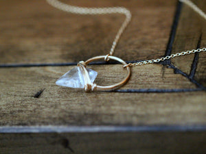 Crystal Quartz arrowhead gemstone  and gold hoop pendant. Wire wrapped jewelry