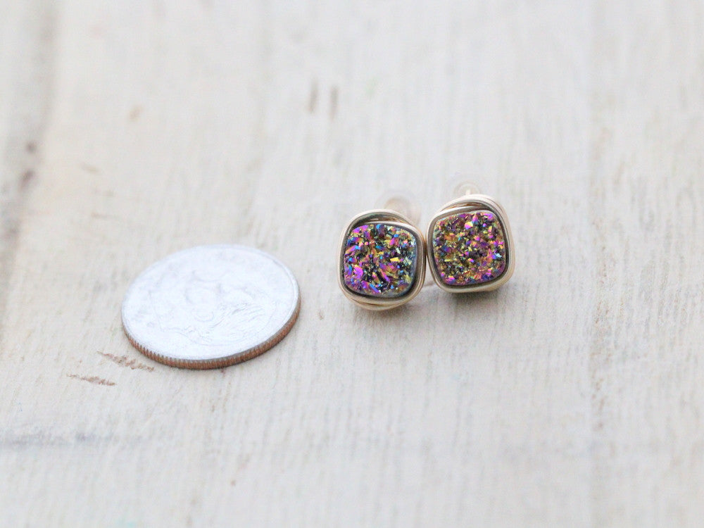 Druzy Cushion Cut Studs - Unicorn