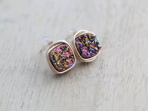 Druzy Cushion Cut Studs - Unicorn