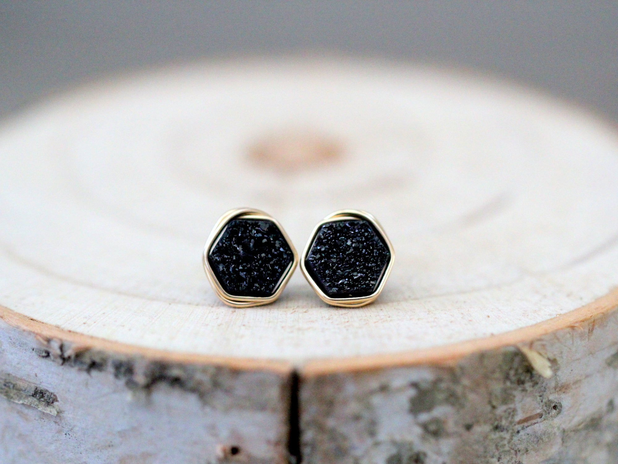 Hexagon Druzy Studs - Eclipse