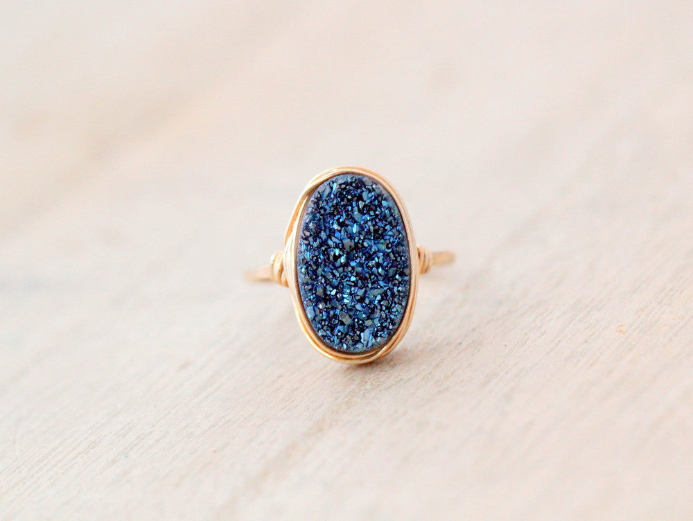 Oval Druzy Ring - Cobalt