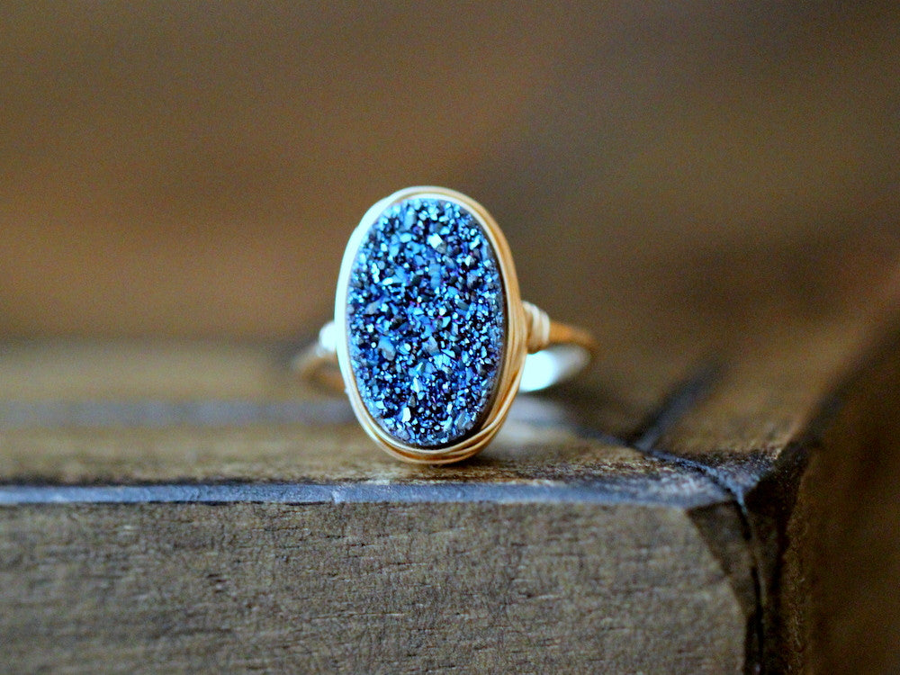 Oval Druzy Ring - Cobalt