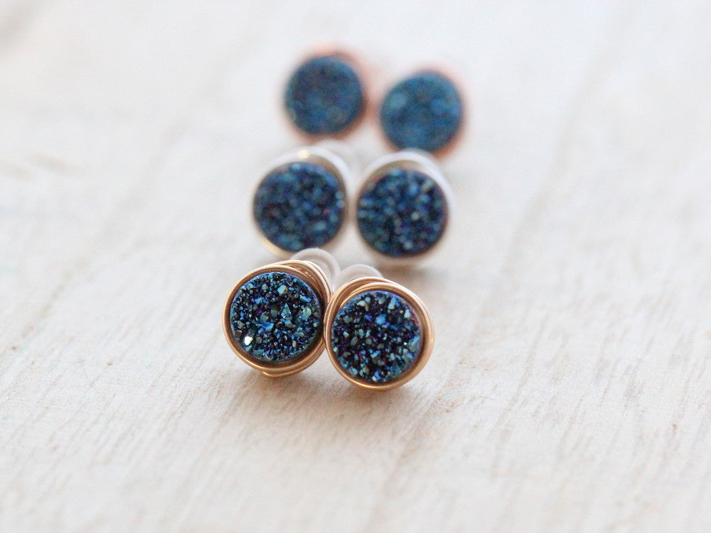 Petite Druzy Studs - Cobalt Blue