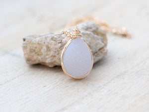 White Druzy Teardrop Necklace - Gold