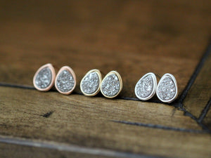 Druzy Teardrop Studs - Platinum