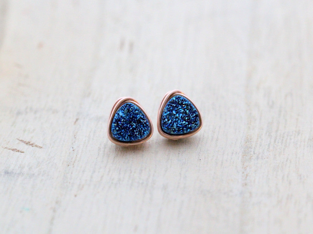 Petite Triangle Druzy Studs - Cobalt