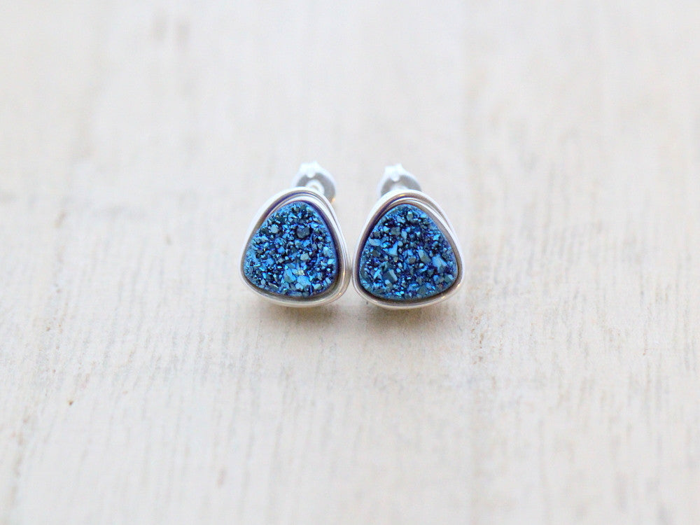 Petite Triangle Druzy Studs - Cobalt