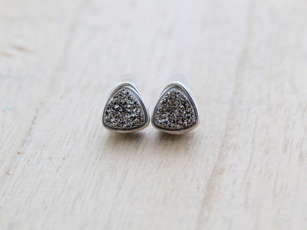 Petite Triangle Druzy Studs - Platinum