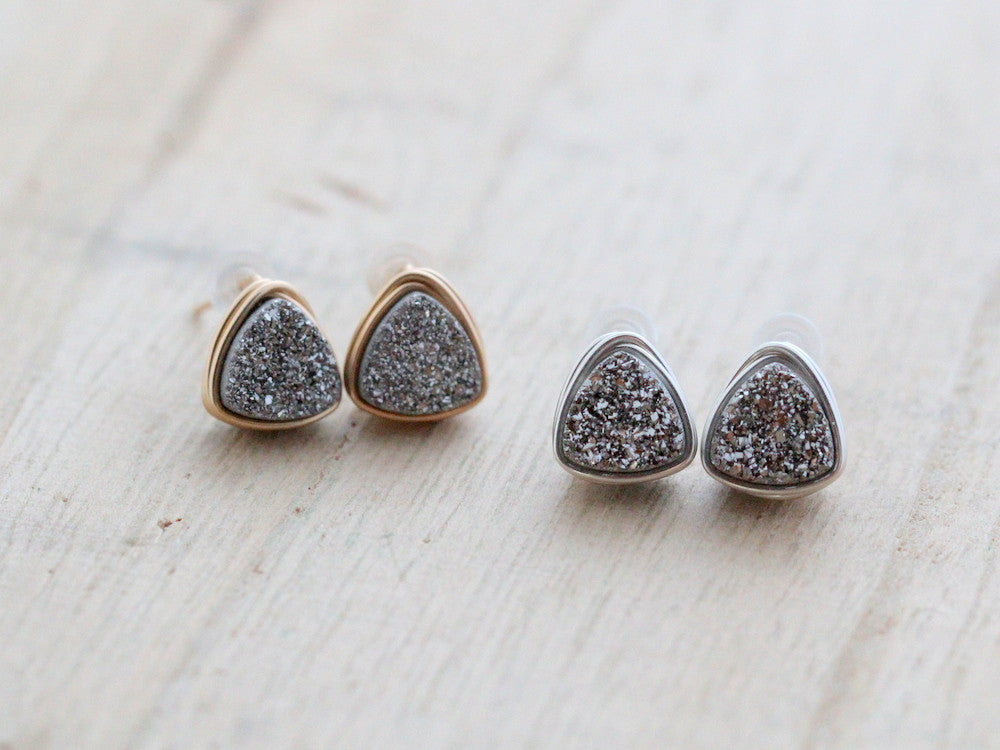 Petite Triangle Druzy Studs - Platinum