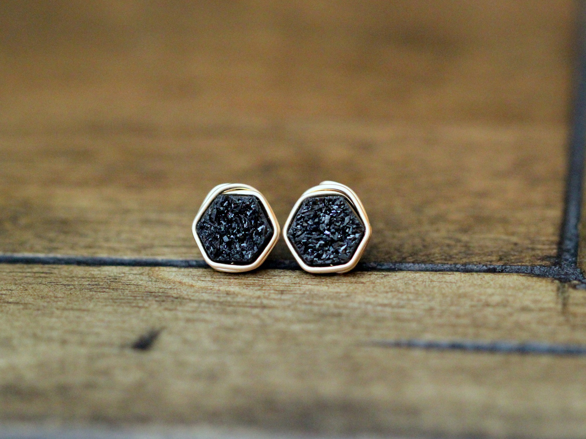 Hexagon Druzy Studs - Eclipse