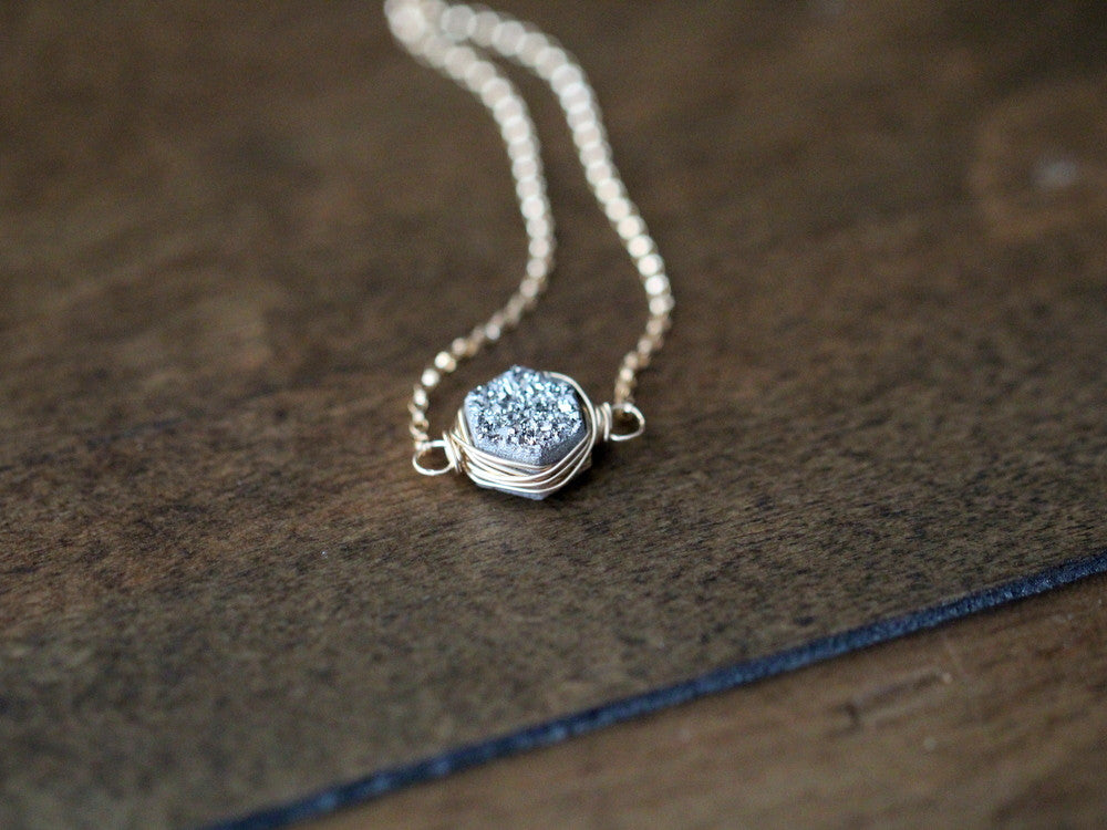 Hexagon Druzy Necklace - Platinum   ( As Seen On Arrow )