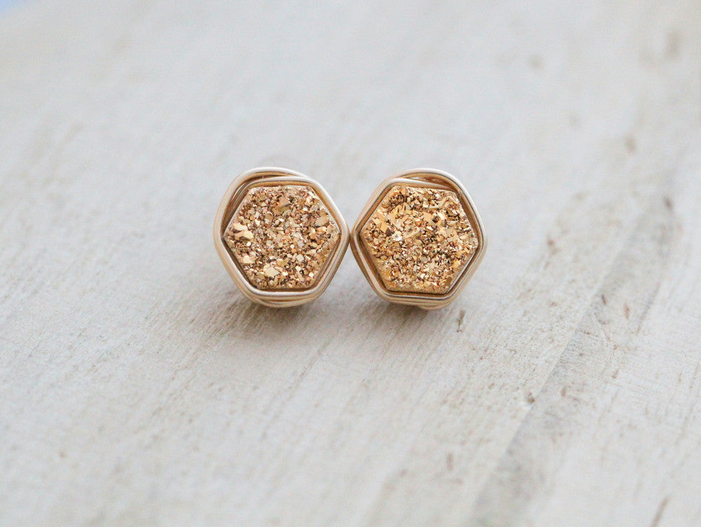 Gilded Hexagon Druzy Studs