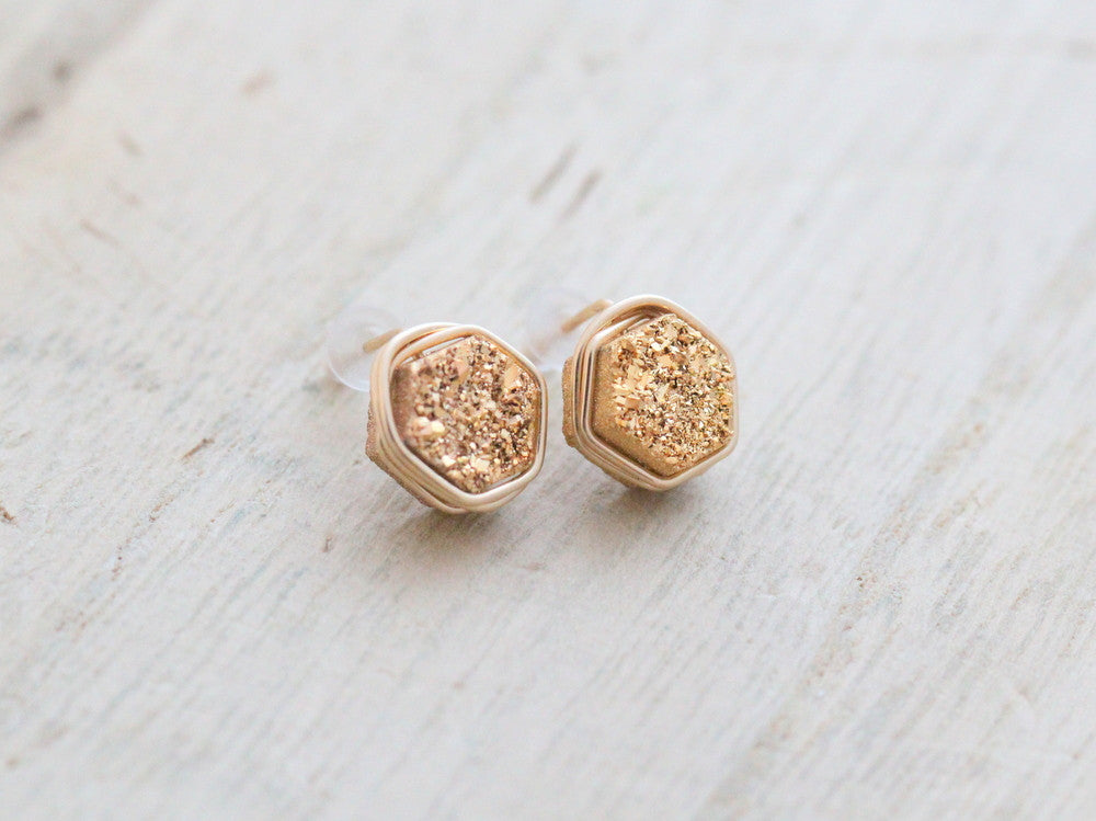 Gilded Hexagon Druzy Studs