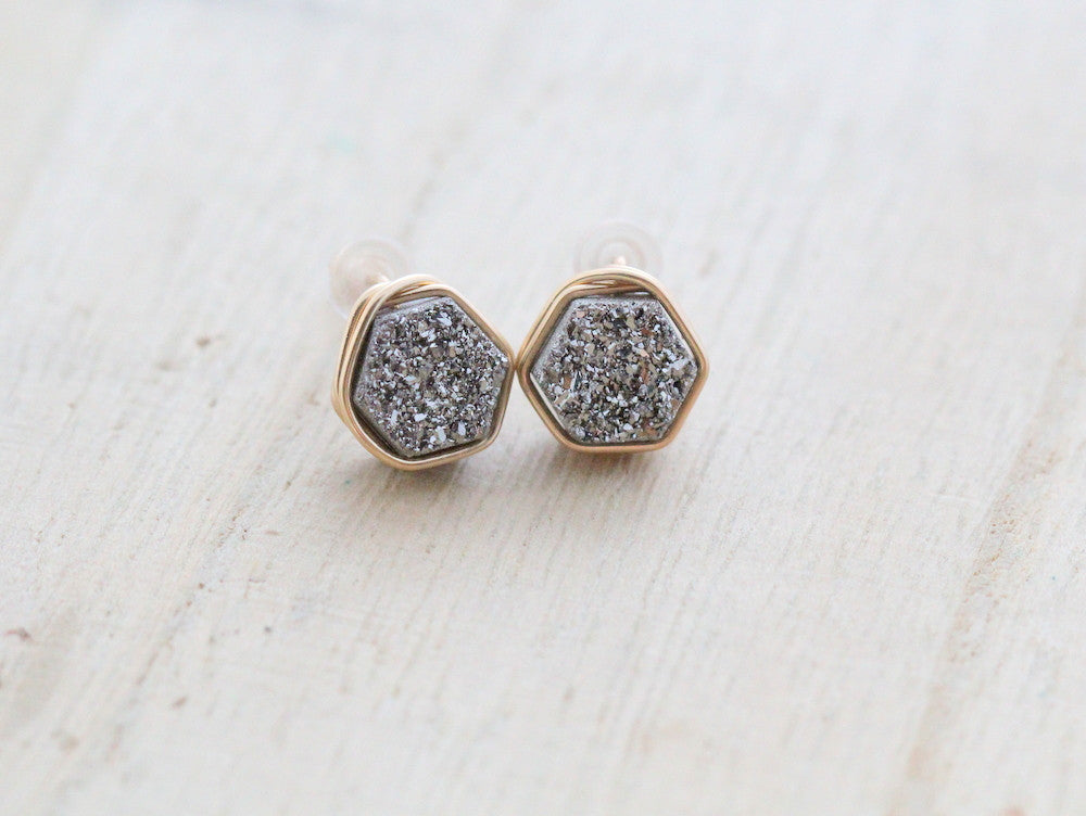 Hexagon Druzy Studs - Platinum