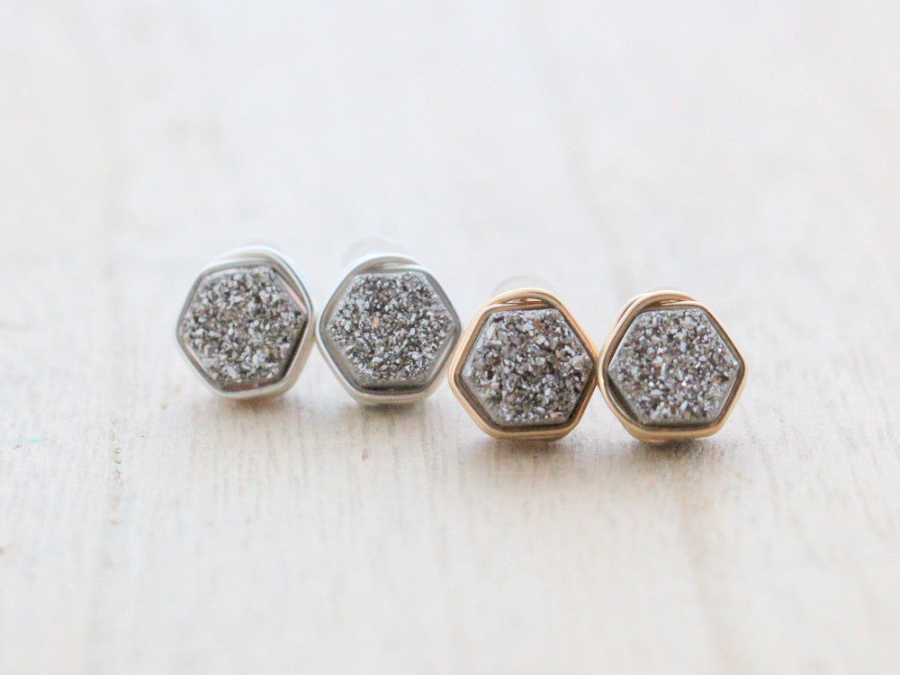 Hexagon Druzy Studs - Platinum