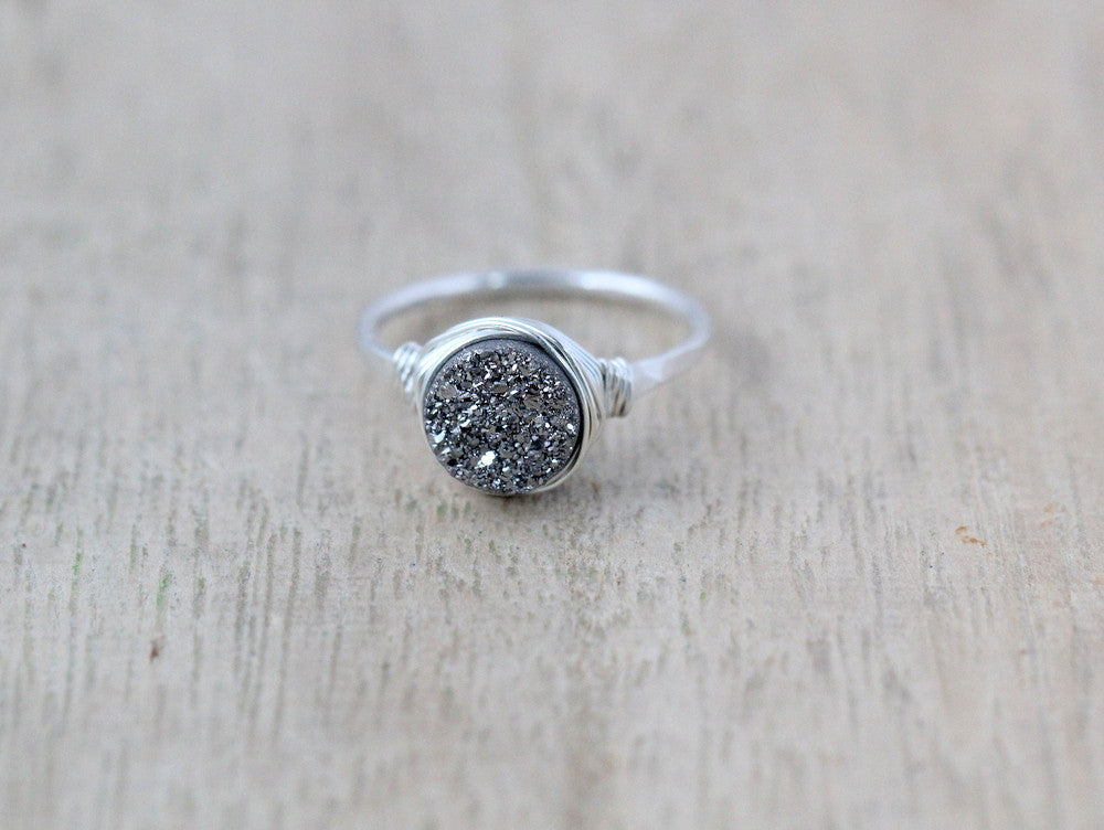 Platinum Round Druzy Ring - 8mm