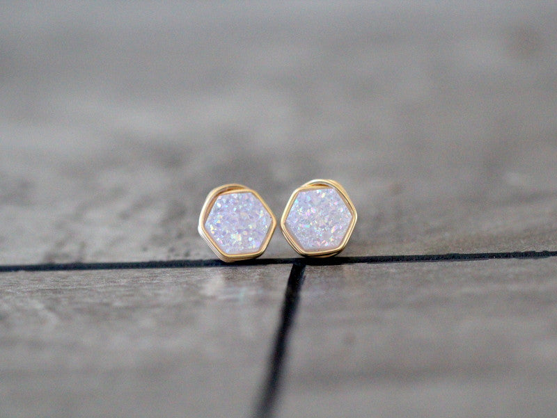 Hexagon Druzy Studs - Cottontail