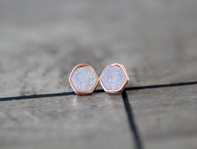 Hexagon Druzy Studs - Cottontail