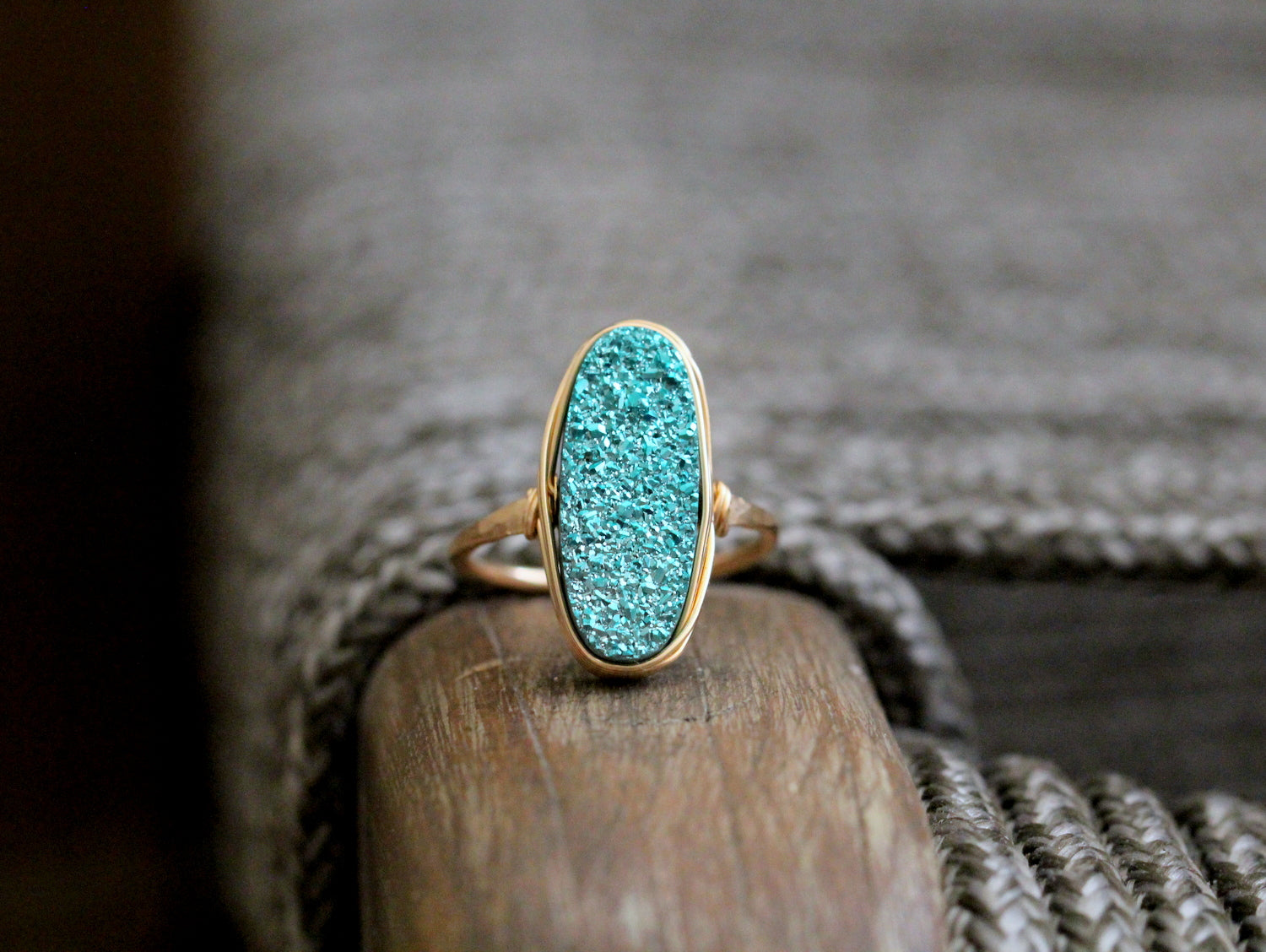 Long Oval Druzy Ring - Teal
