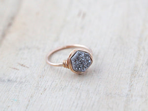 Hexagon Druzy Ring - Platinum