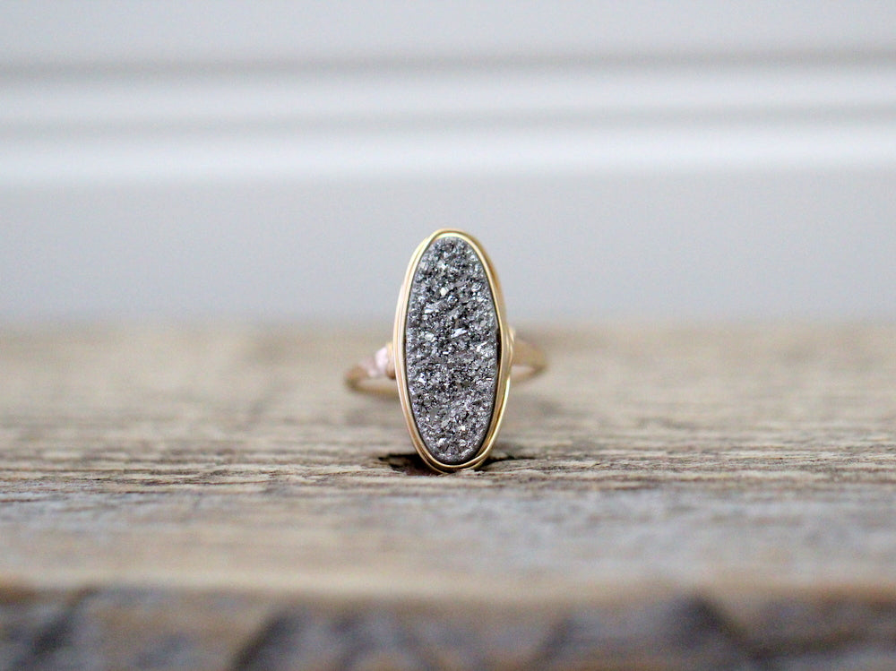 Long Oval Druzy Ring - Platinum