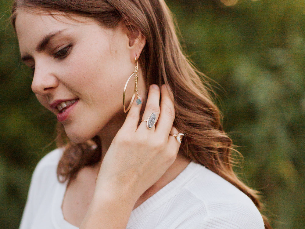 Long Oval Druzy Ring - Platinum