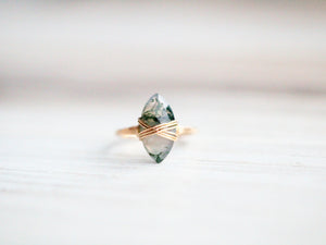 Moss Agate Marquis Caged Ring