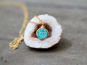 Petite Druzy Bezel Pendant Necklace - Teal