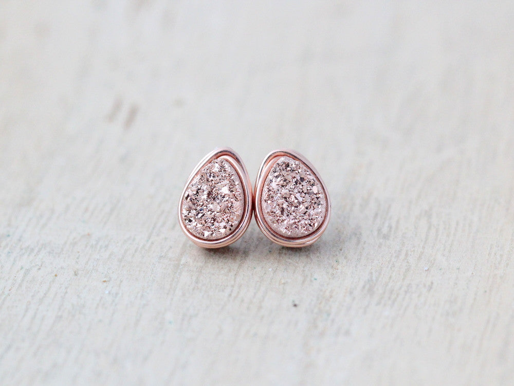 Druzy Teardrop Studs - Gilded Rose Gold