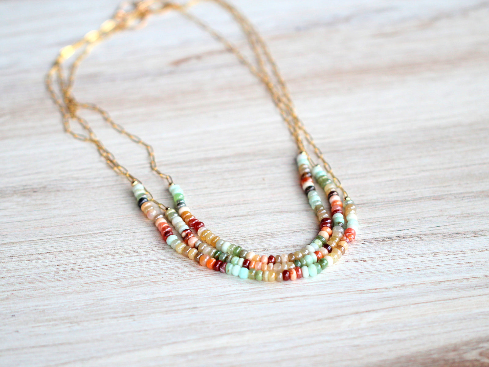 Beaded Opal Necklace worn by model to show size and length reference.  Lifestyle Jewelry Images